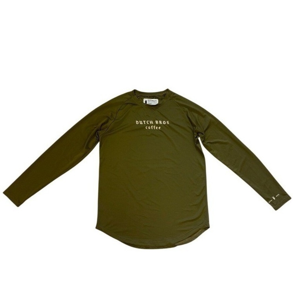Dutch Bros Coffee Mens Large Olive Green Long Sleeve Performance Shirt Logo